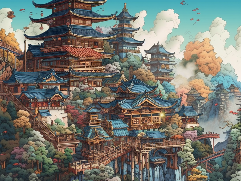 茂密树林春季古建筑风景插画,插画/手绘图,插画/手绘图库,插画/手绘图下载,插画/手绘